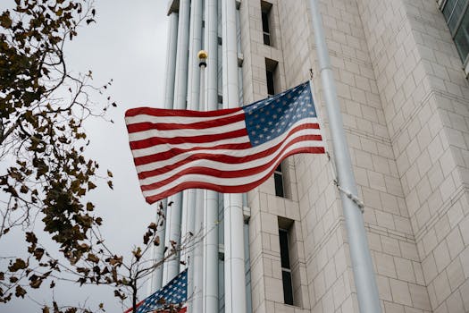 Low angle of American flag waving in front of a government building in Anaheim, CA.